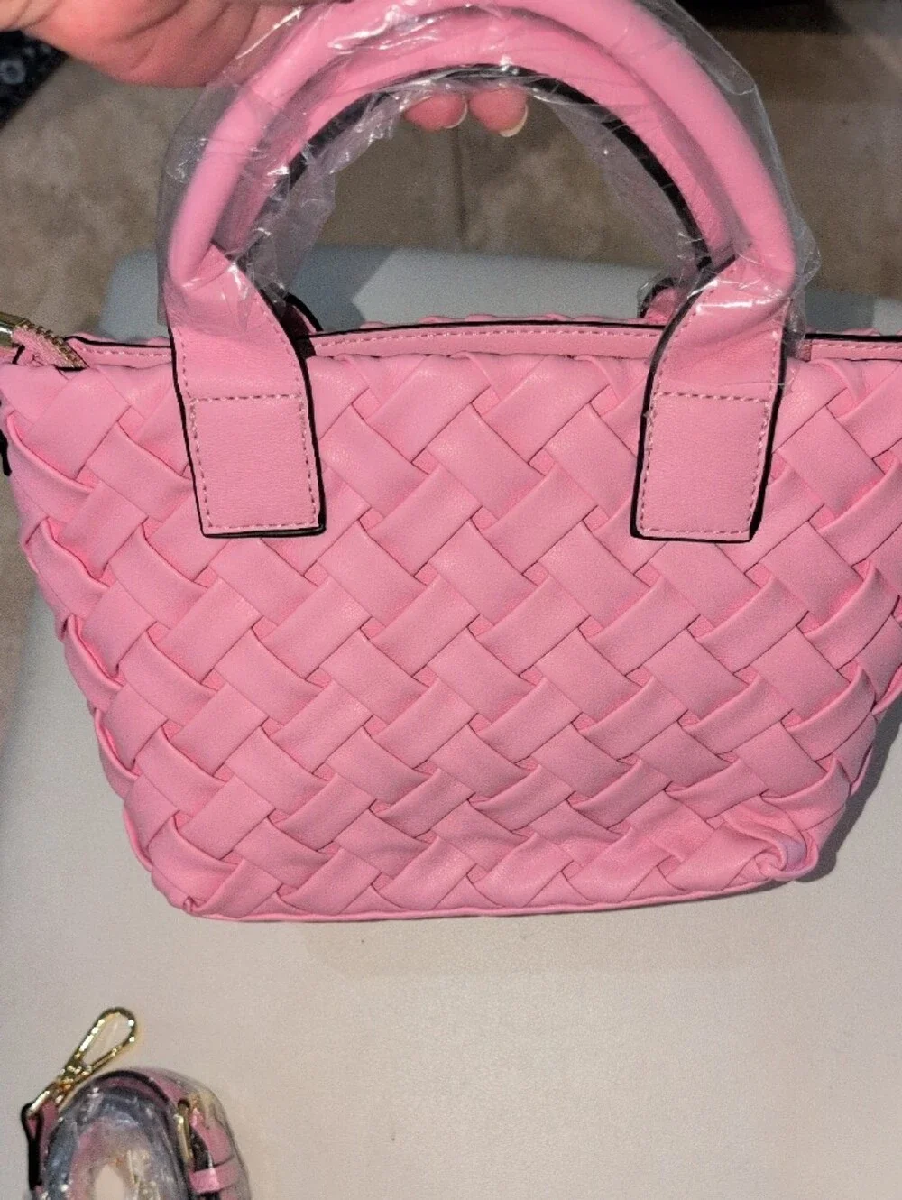 Woven Pink Women's Vegan Leather Handbag With Crossbody Strap - Picture 6 of 11